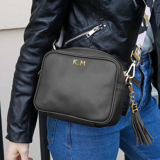Black Personalized Cross Body Leather Bag