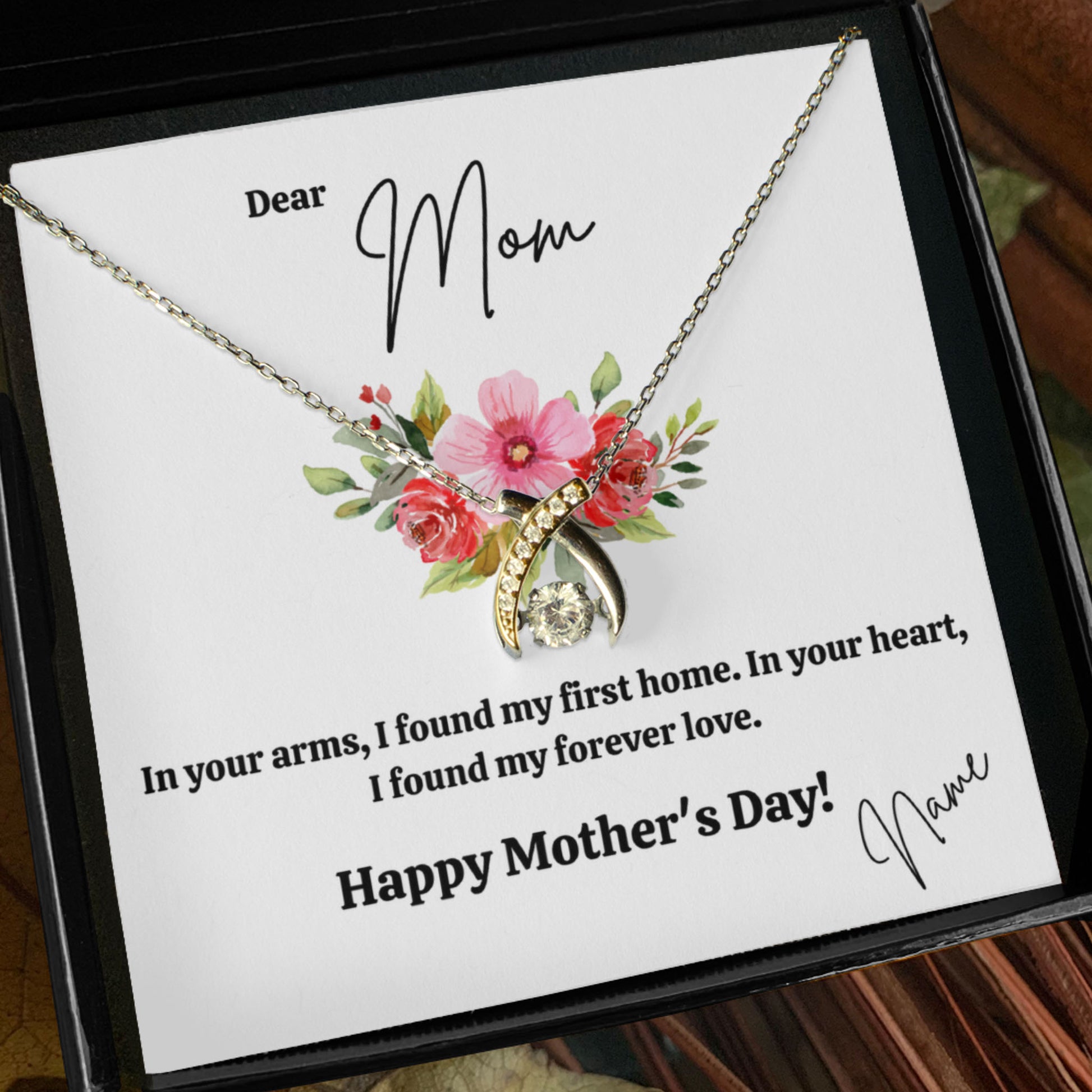 Personalized Necklaces + Message Cards - Silver Zirconia Wishbone Necklace -Personalized Mom Card 