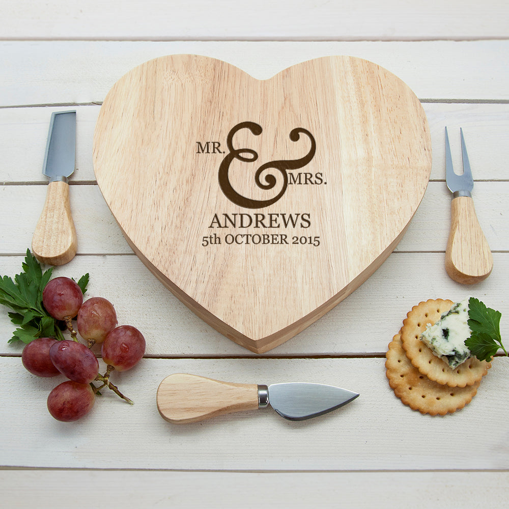 Personalized Wooden Cheese Boards - Personalized Classic Couples' Romantic Heart Cheese Board 