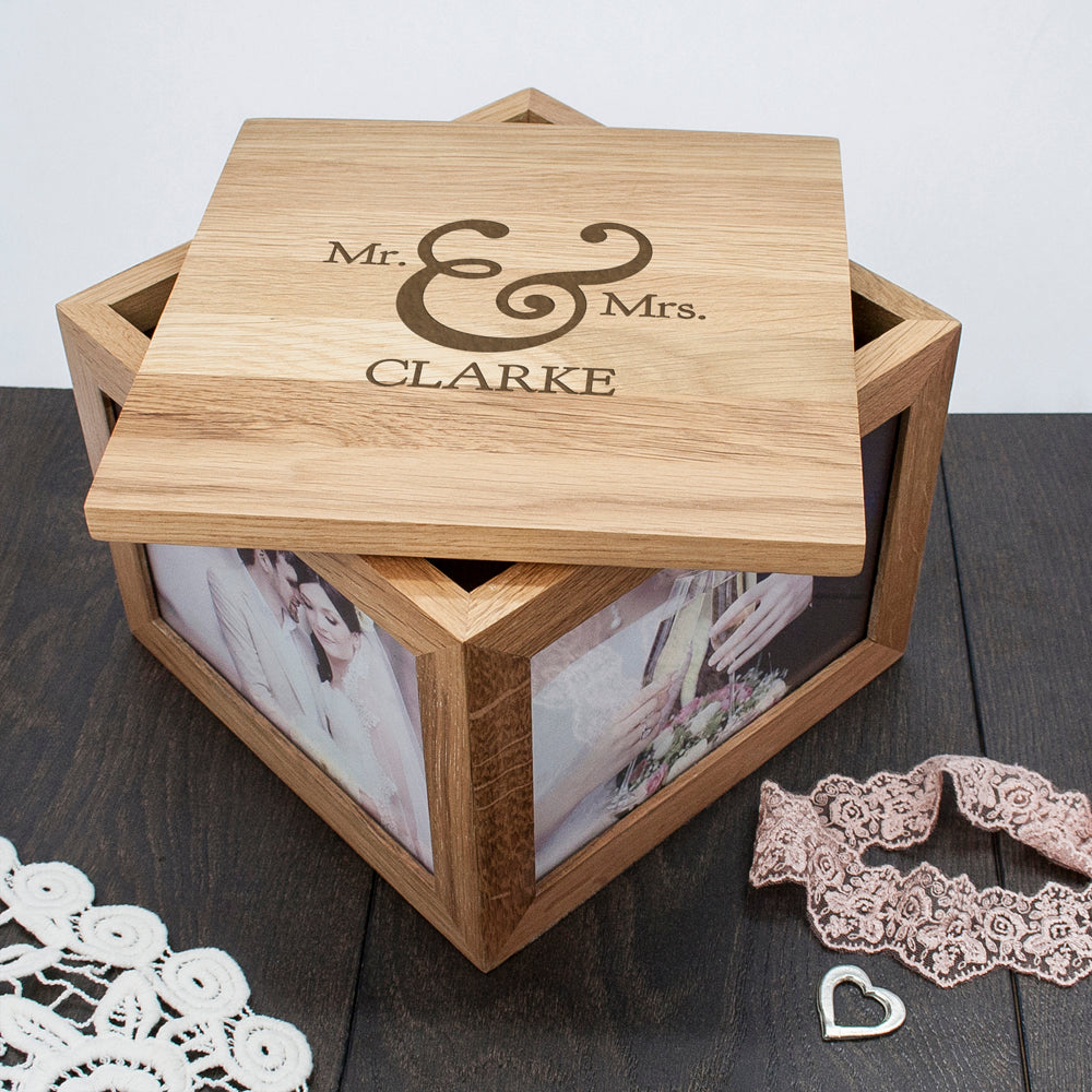 Personalized Keepsake Boxes - Personalized Classic Mr & Mrs Oak Photo Keepsake Box 