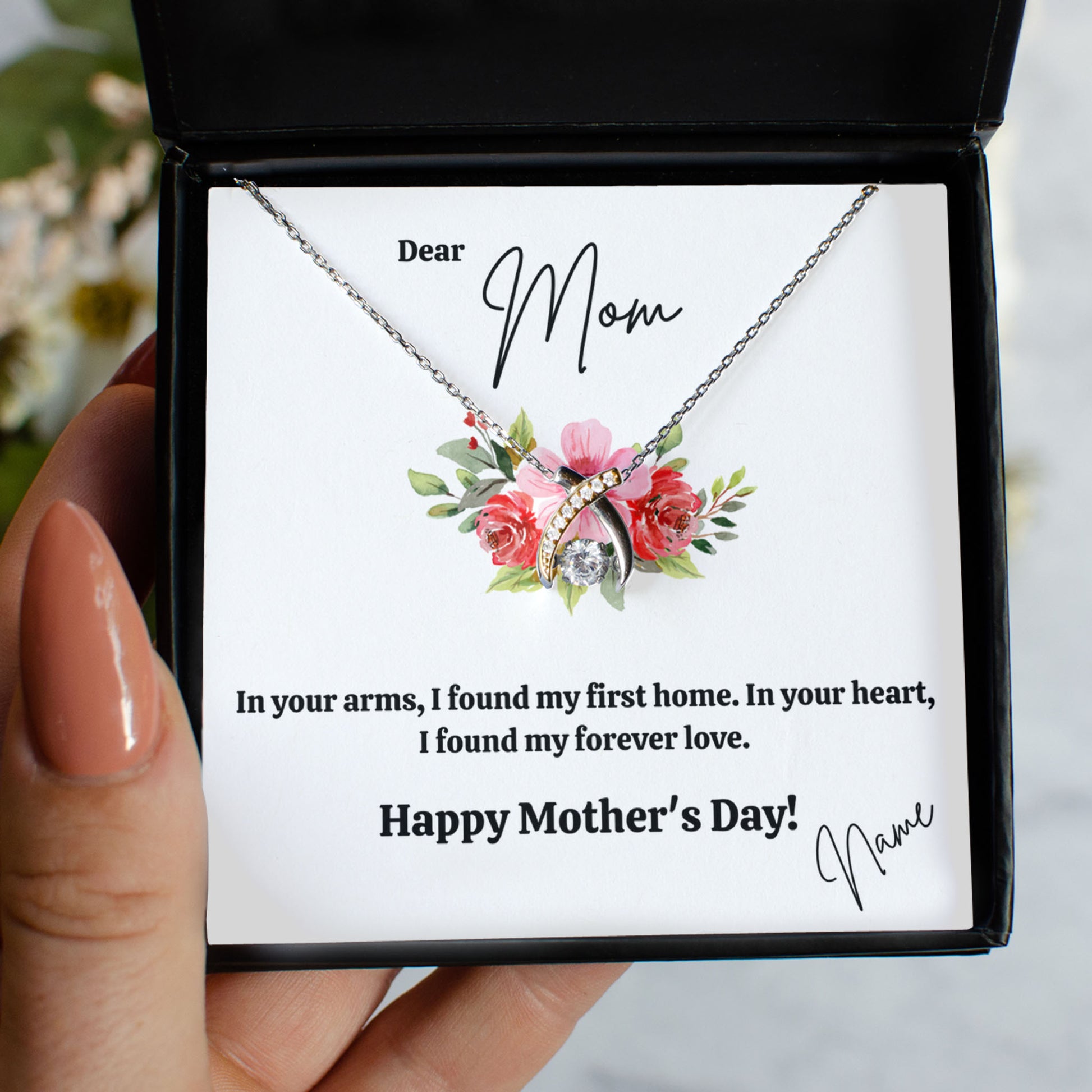 Personalized Necklaces + Message Cards - Silver Zirconia Wishbone Necklace -Personalized Mom Card 