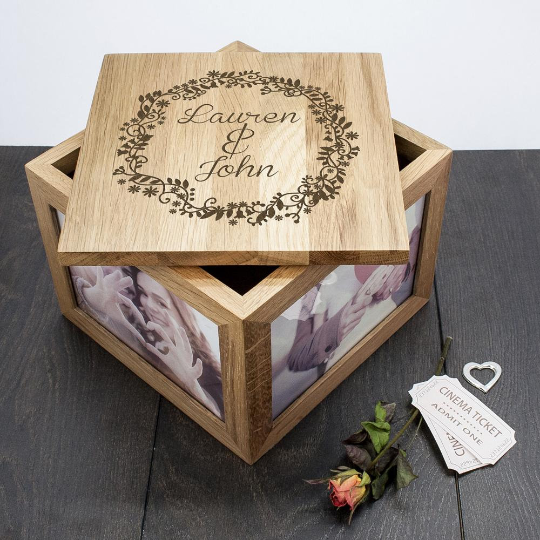 Personalized Keepsake Boxes - Personalized Couples' Oak Photo Keepsake Box with Floral Frame 