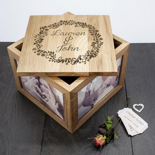 Personalized Couples' Oak Photo Keepsake Box with Floral Frame