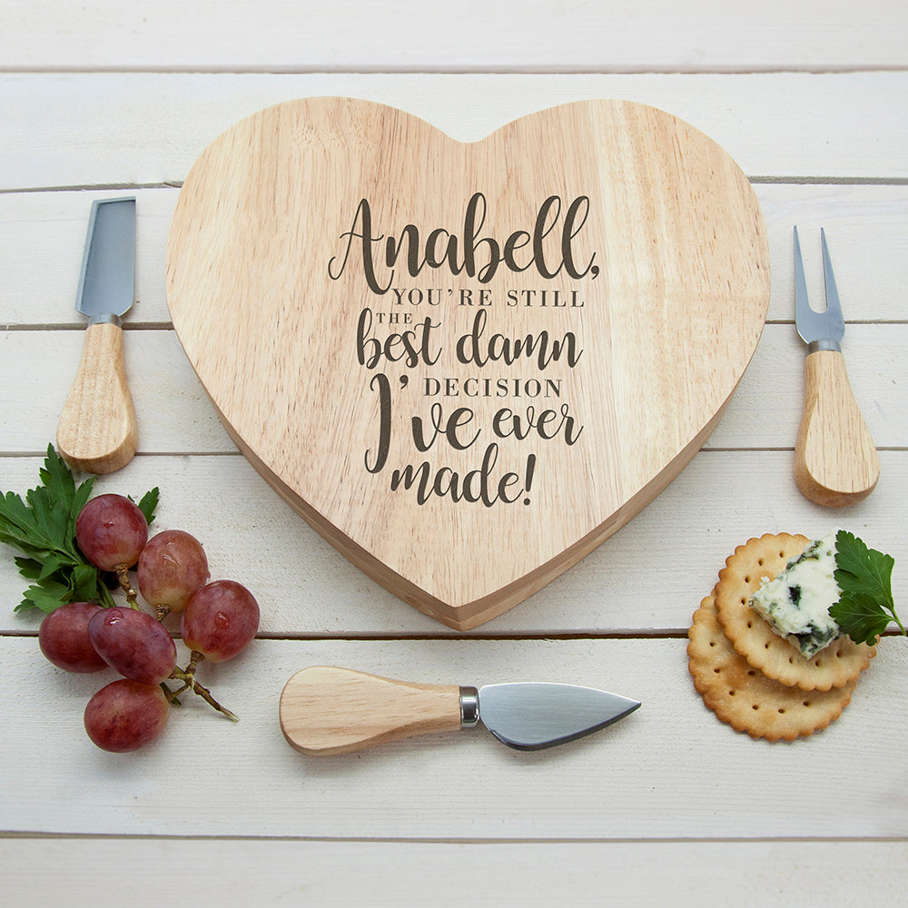 Personalized Wooden Cheese Boards - Personalized Valentine's Best Damn Decision Heart Cheese Board 