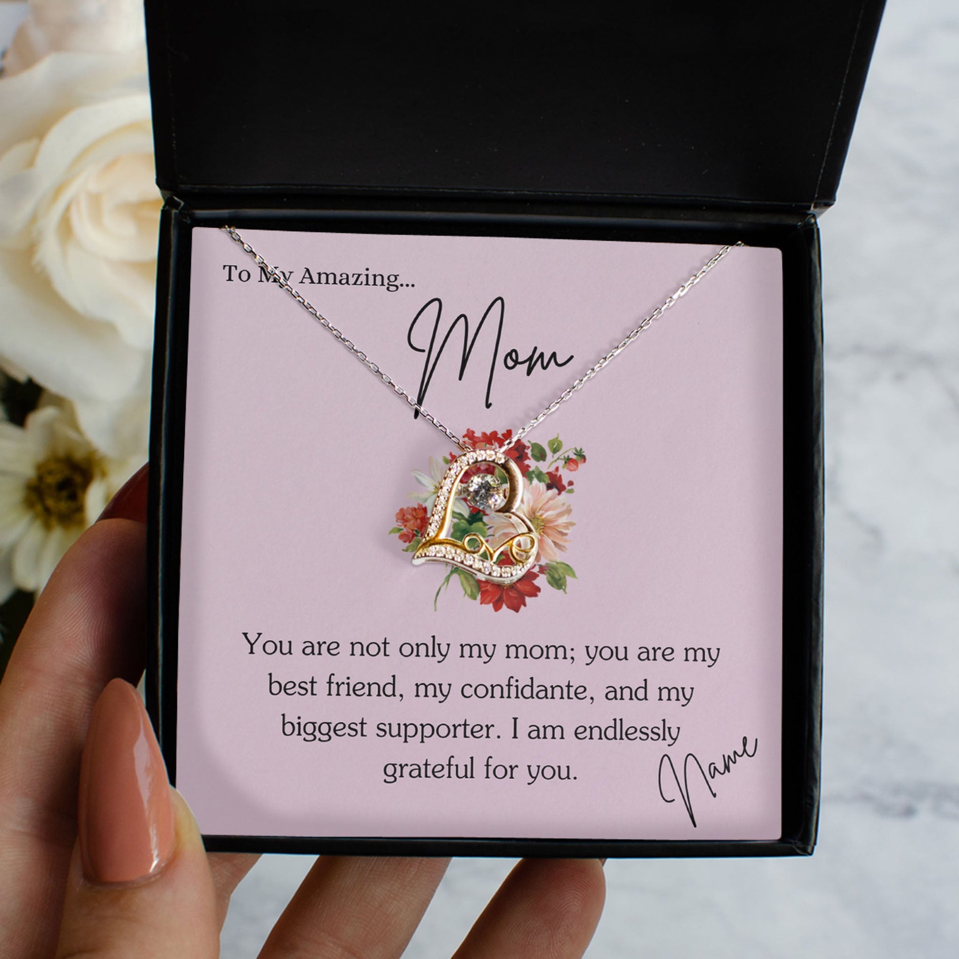 Personalized Necklaces + Message Cards - Zirconia Heart Necklace With Mom Card Insert 