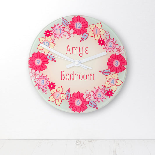Personalized Vibrant Pink Flower Garland Wall Clock