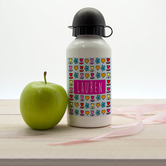 Dainty Floral and Heart Personalized Water Bottle