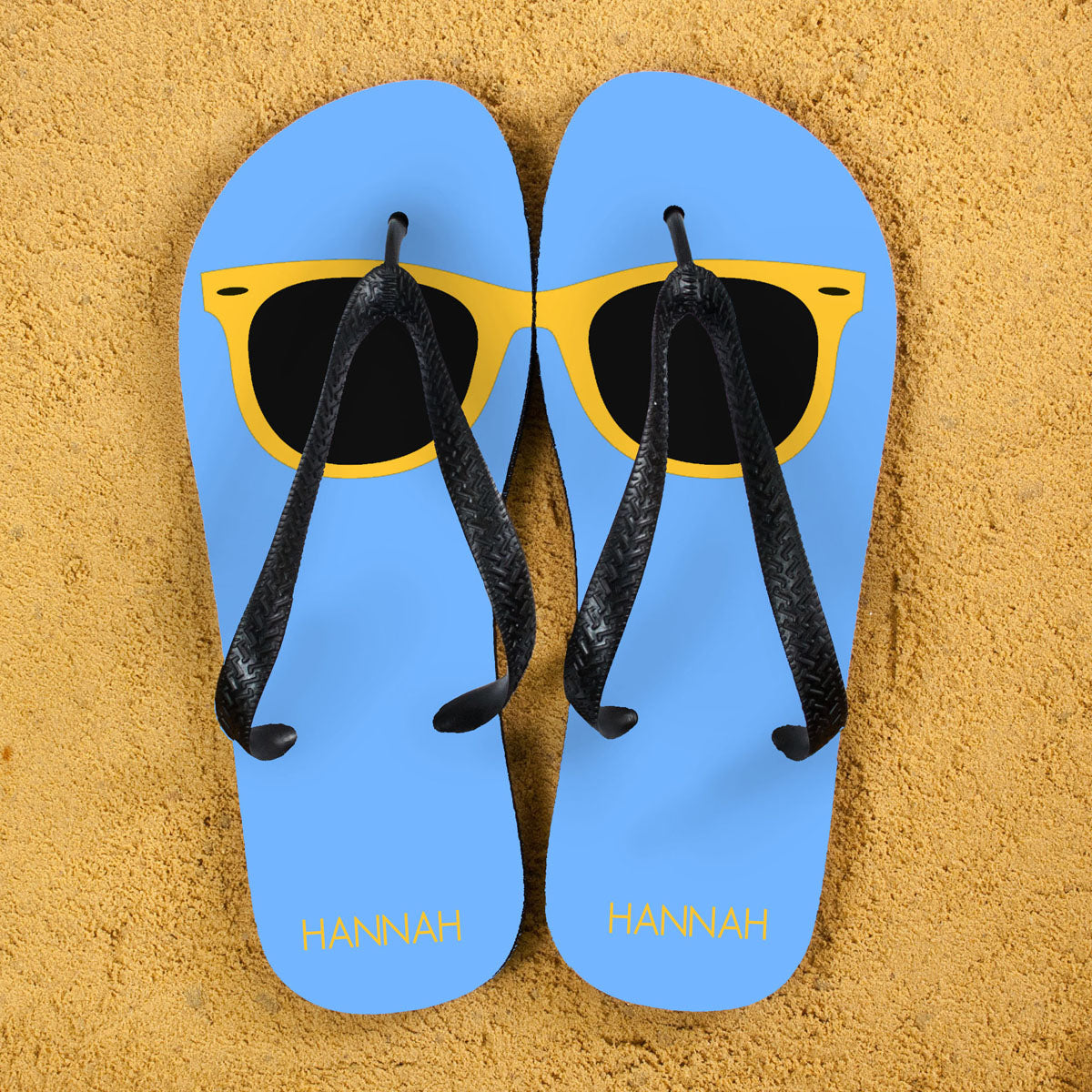 Personalised Holiday Style Flip Flops in Blue and Yellow - Lovesakes