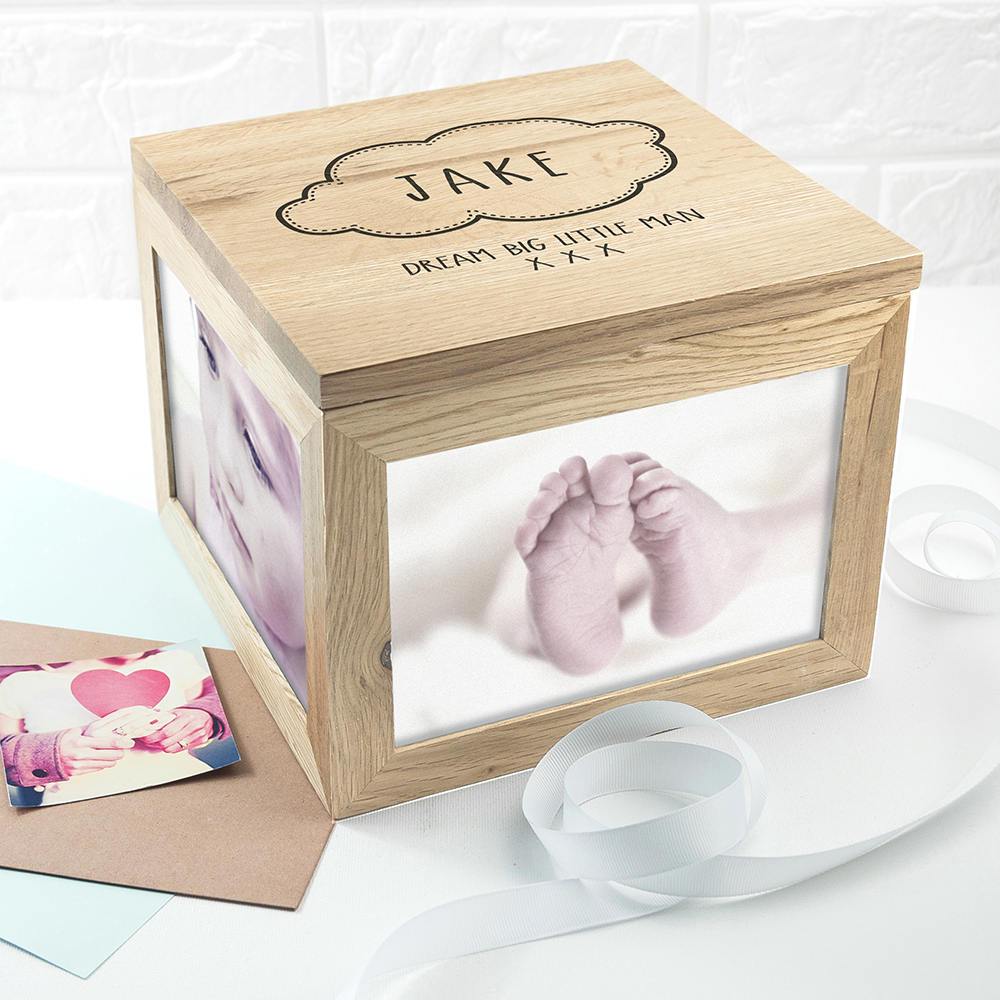 Personalized Baby Name in Cloud Oak Photo Keepsake Box - GiftsofaKind