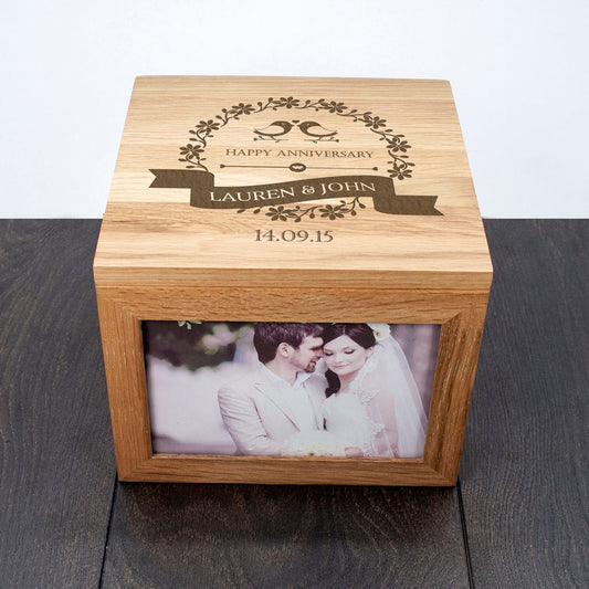 Personalised Love Birds Oak Photo Keepsake Box