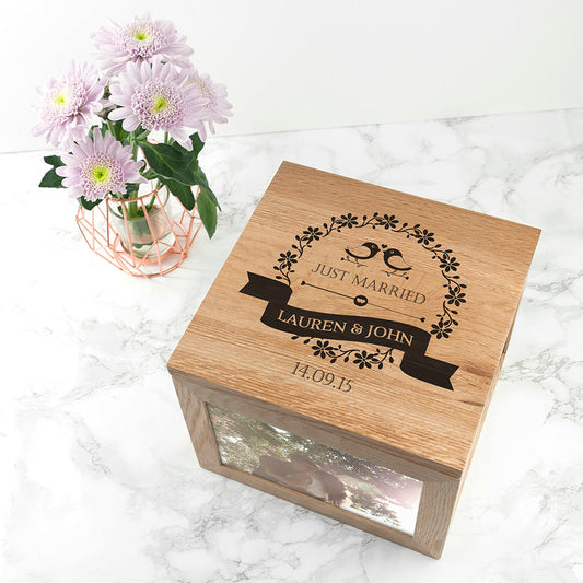 Personalised Love Birds Oak Photo Keepsake Box