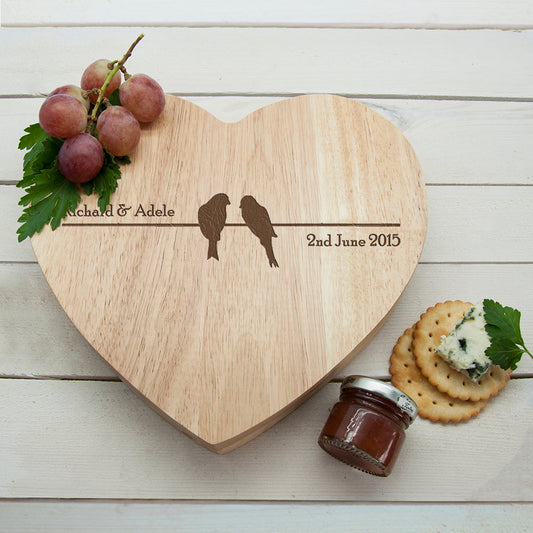 Personalised Love Birds Romantic Heart Cheese Board