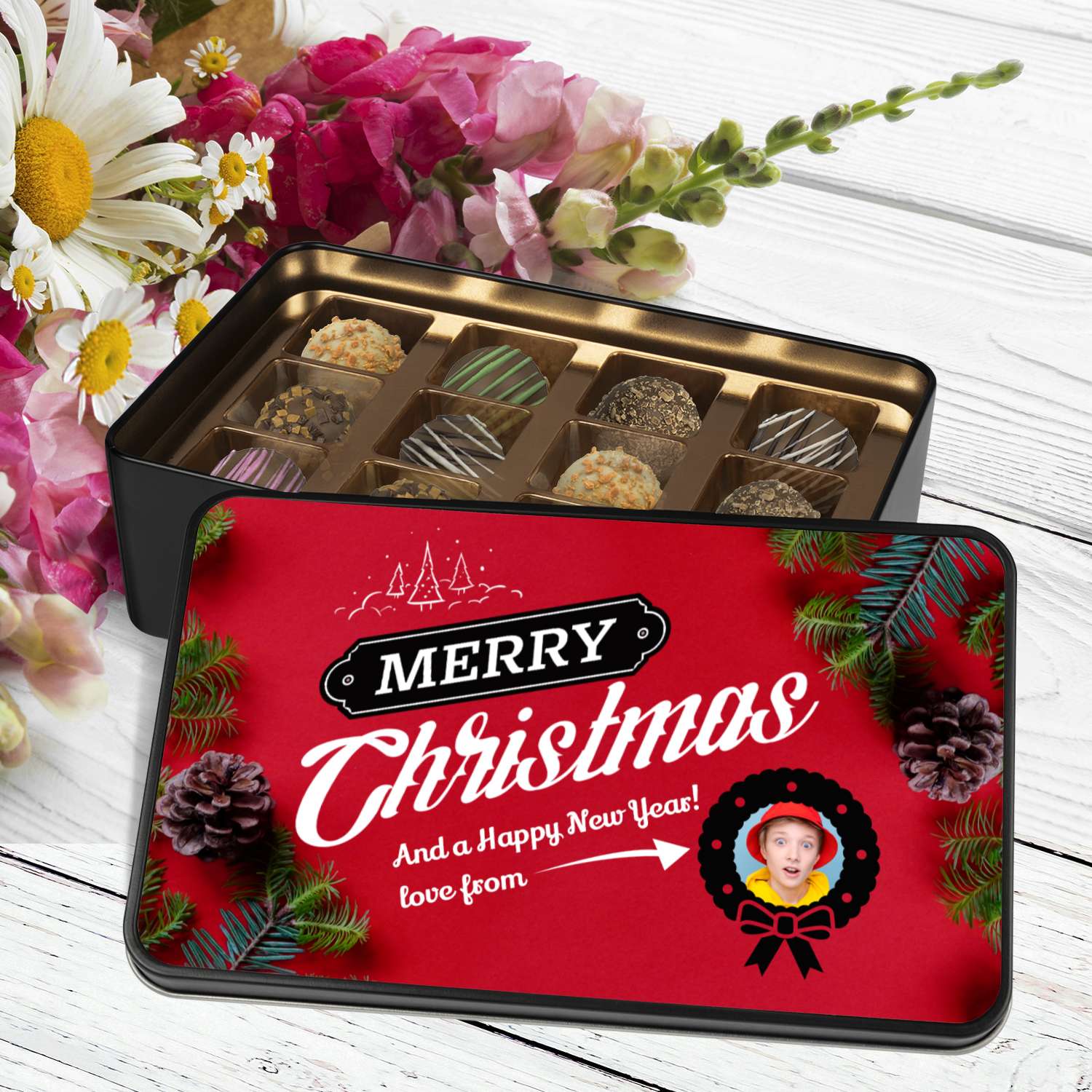 Personalized Chocolates - Merry Christmas  - Truffle Tin With Photo Upload 