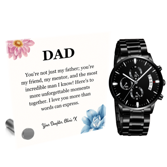 Dad Gift: Chronograph Watch + Personalized Glass Message Stand