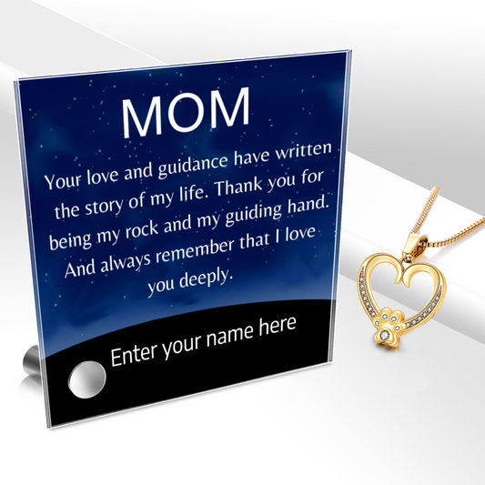 Mom Gift: Love Paw Pendant Necklace + Lumen Glass Message Stand