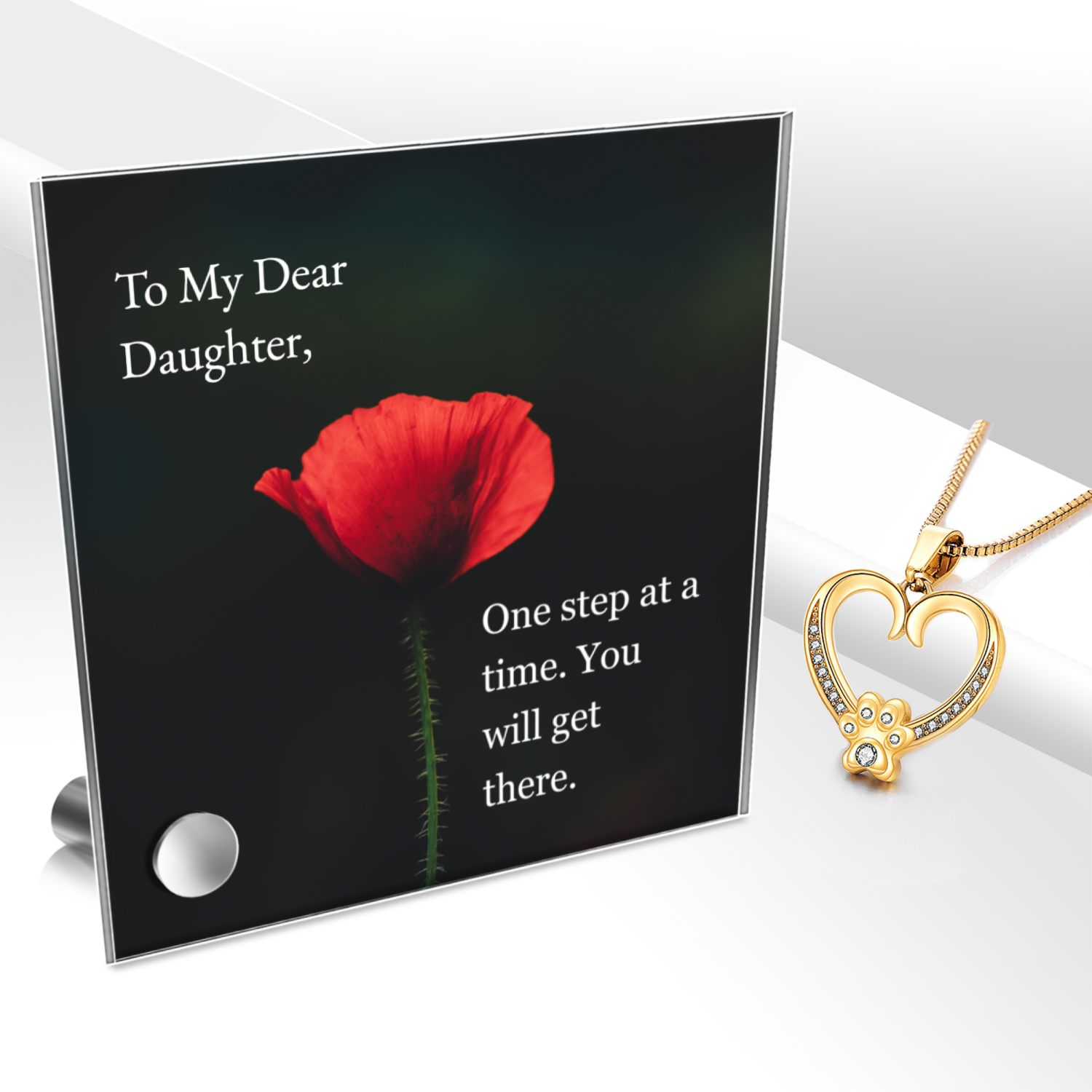 Personalized Necklaces - To My Daughter: Gold Paw Necklace + Glass Message Display 