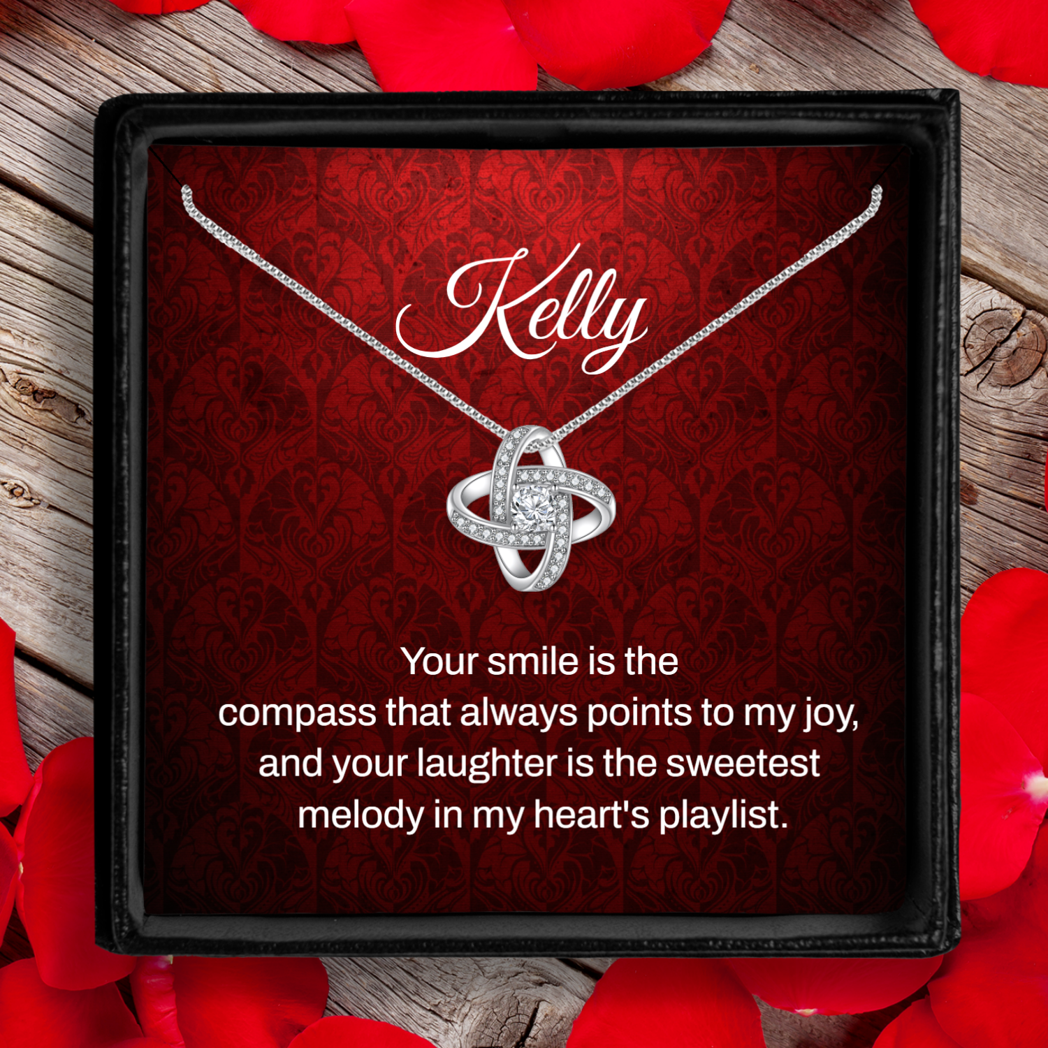Personalized Necklaces - Personalized Crimson Card + Love Knot Necklace 