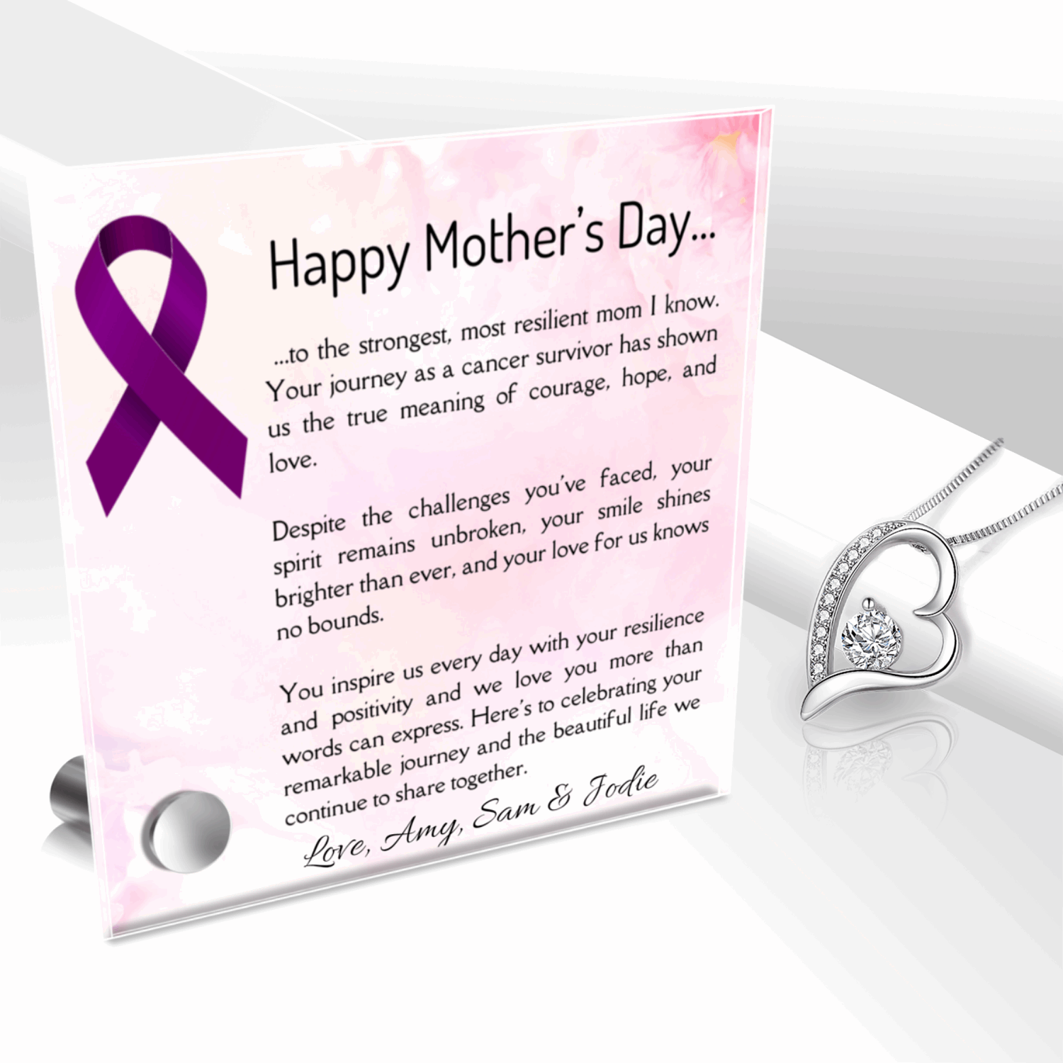 Personalized Necklaces + Message Cards - Cancer Mom Jewelry + Message Glass Keepsake 