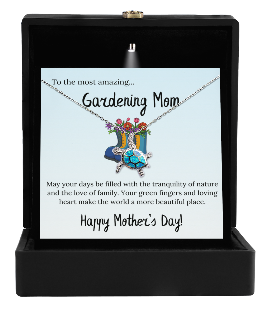 Personalized Necklaces + Message Cards - Opal Turtle Necklace + Gardening Mom Message Card 