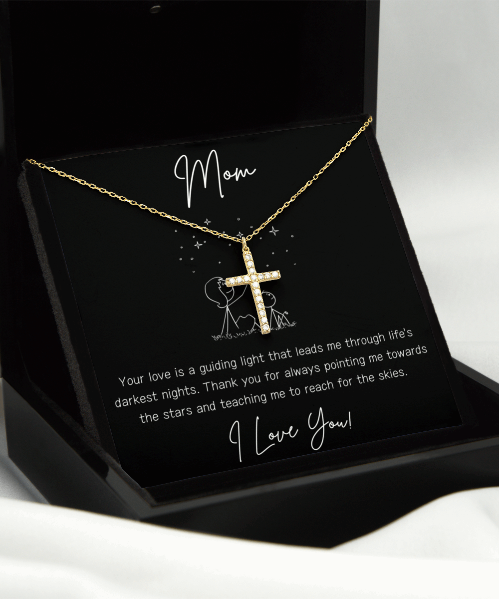 Personalized Necklaces + Message Cards - Crystal Gold Cross Necklace + Mom Card 
