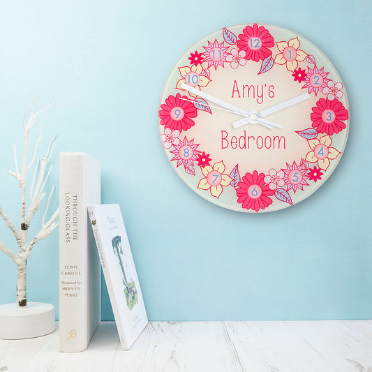 Personalized Vibrant Pink Flower Garland Wall Clock