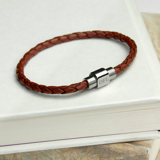 Personalized Men's Woven Leather Bracelet in Burnt Sienna