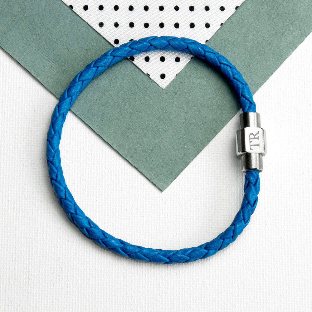 Personalized Men's Bracelets - Personalized Men's Woven Leather Bracelet in Cobalt Blue 