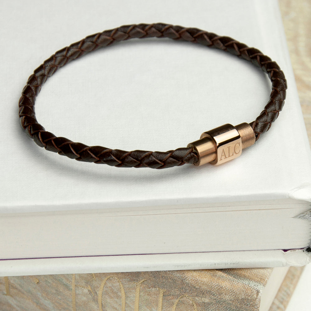Personalized Men's Bracelets - Personalized Men's Woven Leather Bracelet with Rose Gold Clasp 