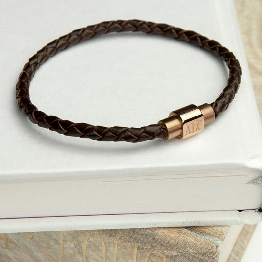 Personalized Men's Woven Leather Bracelet with Rose Gold Clasp