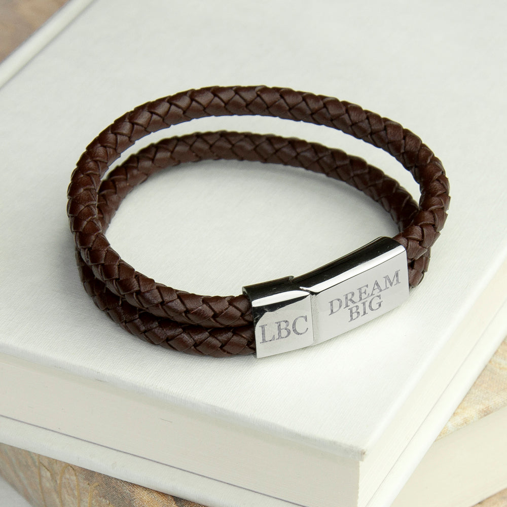 Personalized Men's Bracelets - Personalized Men's Dual Leather Woven Bracelet in Umber 