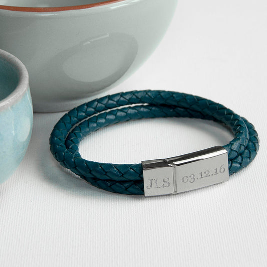 Men's Dual Leather Woven Personalized Bracelet in Teal