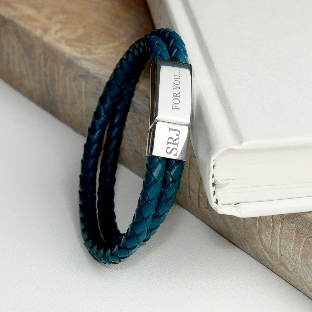 Personalized Men's Bracelets - Men's Dual Leather Woven Personalized Bracelet in Teal 