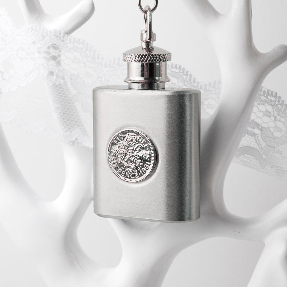 Personalized Silver Plated Lucky Sixpence Mini Hip Flask - GiftsofaKind