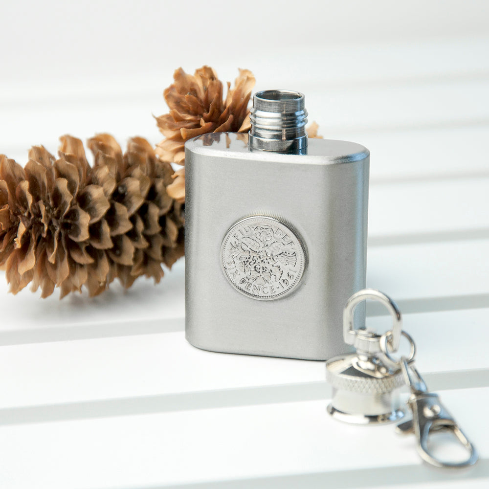 Personalized Silver Plated Lucky Sixpence Mini Hip Flask - GiftsofaKind