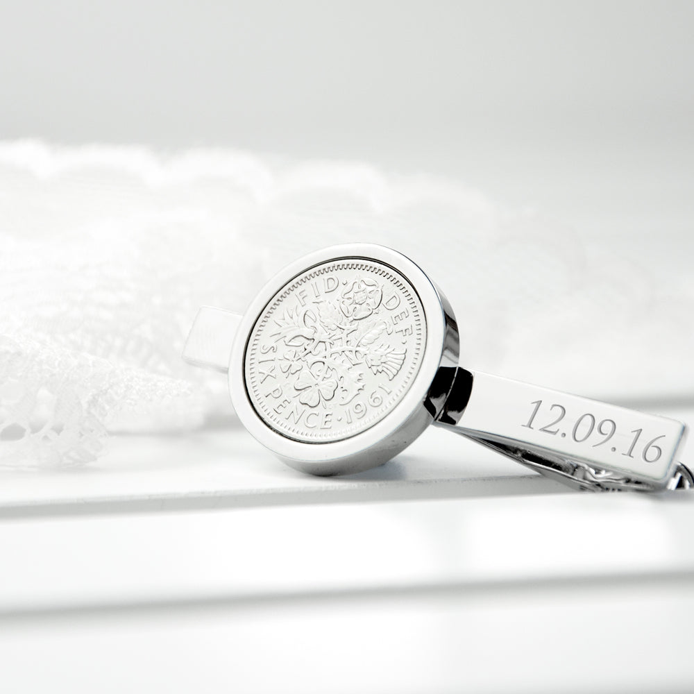 Personalized Keepsakes - Personalized Silver Plated Lucky Sixpence Tie Clip 