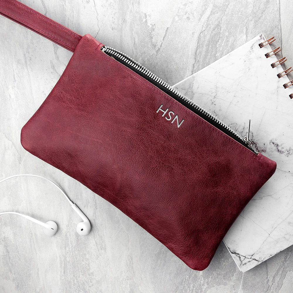Personalized Leather Clutch Bags - Monogrammed Burgundy Leather Clutch Bag 