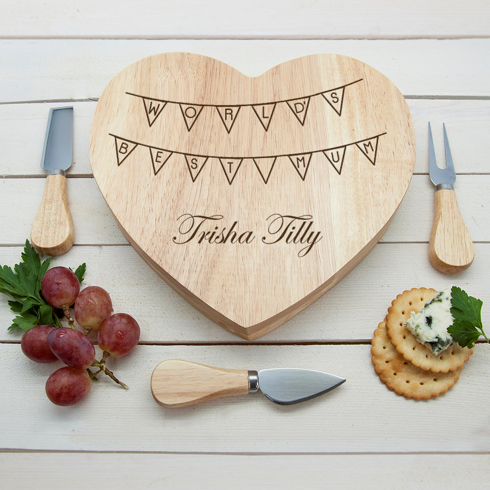 Personalized Wooden Cheese Boards - Personalized World's Best Mum Bunting Heart Cheese Board 