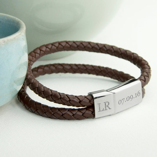 Personalized Men's Dual Leather Woven Bracelet in Umber