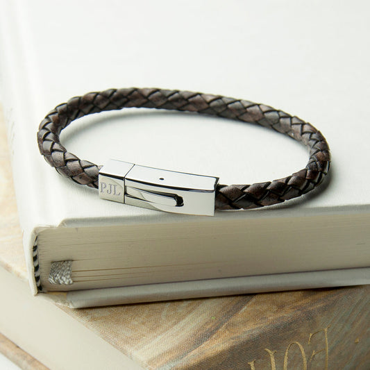 Personalized Men's Leather Bracelet With Tube Clasp