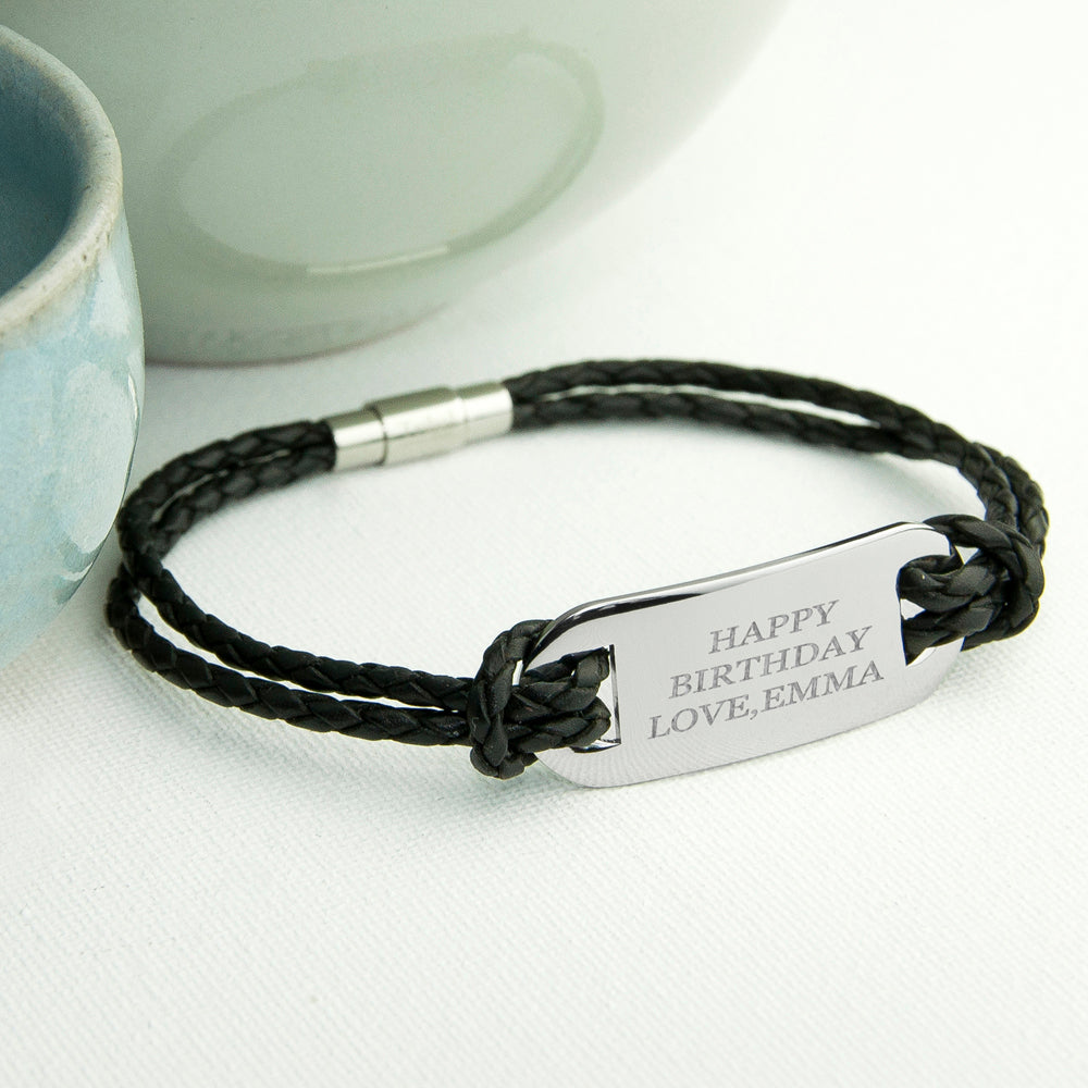 Personalized Men's Bracelets - Personalized Men's Statement Leather Bracelet in Black 