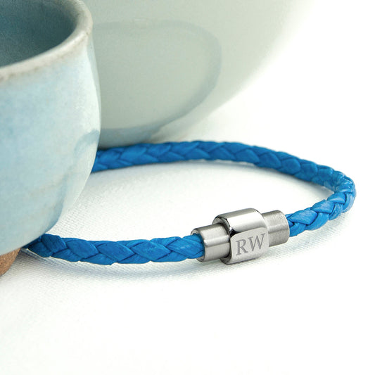 Personalized Men's Woven Leather Bracelet in Cobalt Blue