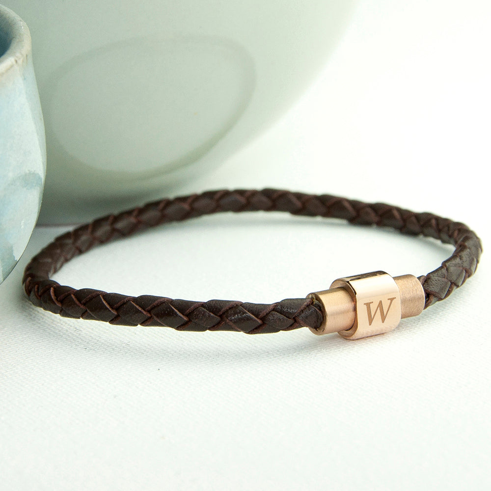 Personalized Men's Bracelets - Personalized Men's Woven Leather Bracelet with Rose Gold Clasp 