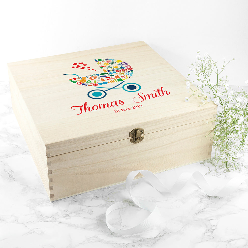 Personalized Memory Box - Personalized Pram Baby Boy Memory Box 