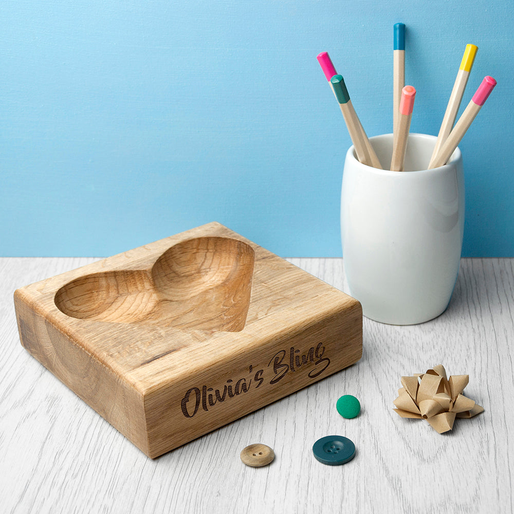 Personalized Tidy Trays - Personalized Solid Oak Heart Trinket Dish 