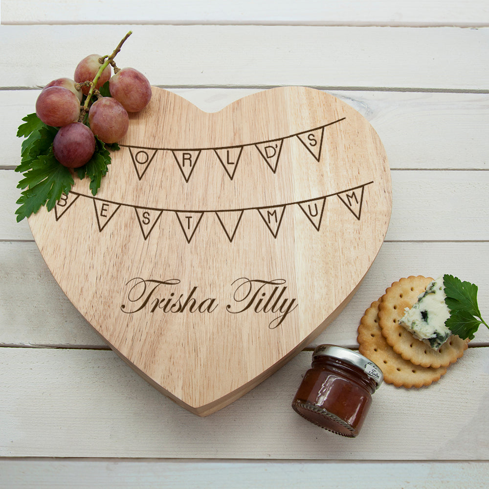 Personalized Wooden Cheese Boards - Personalized World's Best Mum Bunting Heart Cheese Board 