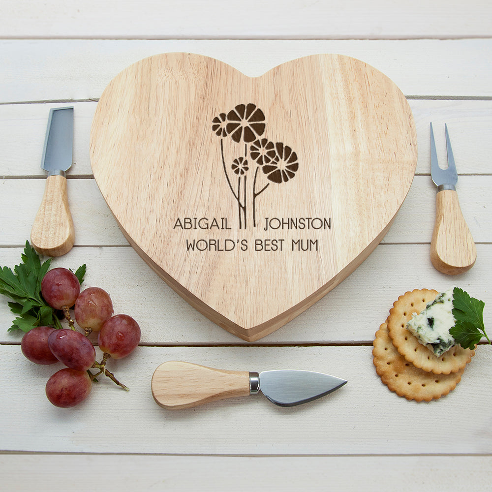 Personalized Wooden Cheese Boards - Personalized Cheese Board - World's Best Mom, Daisy Heart 