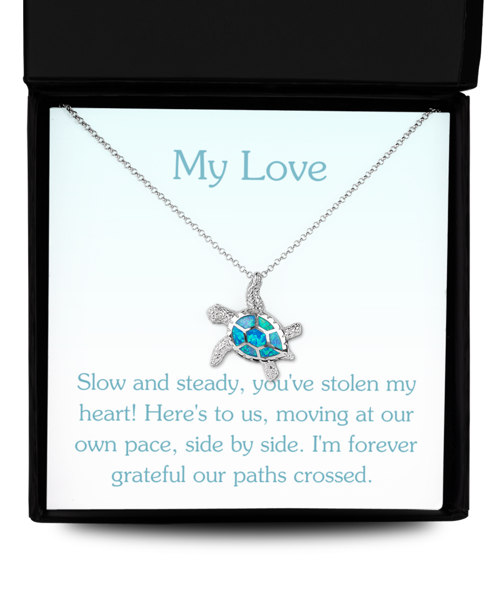 Personalized Necklaces + Message Cards - Silver Opal Turtle Necklace 