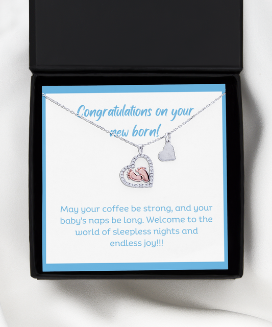 New Mom Gift: Baby Feet Necklace + Card