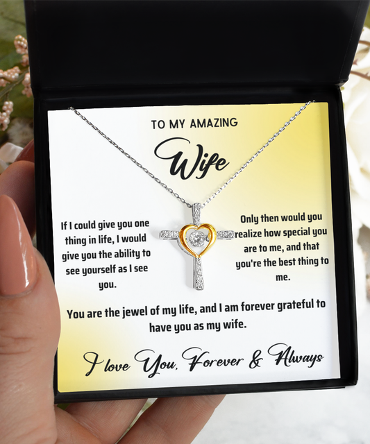 Silver Cross Necklace + Wife Message Card